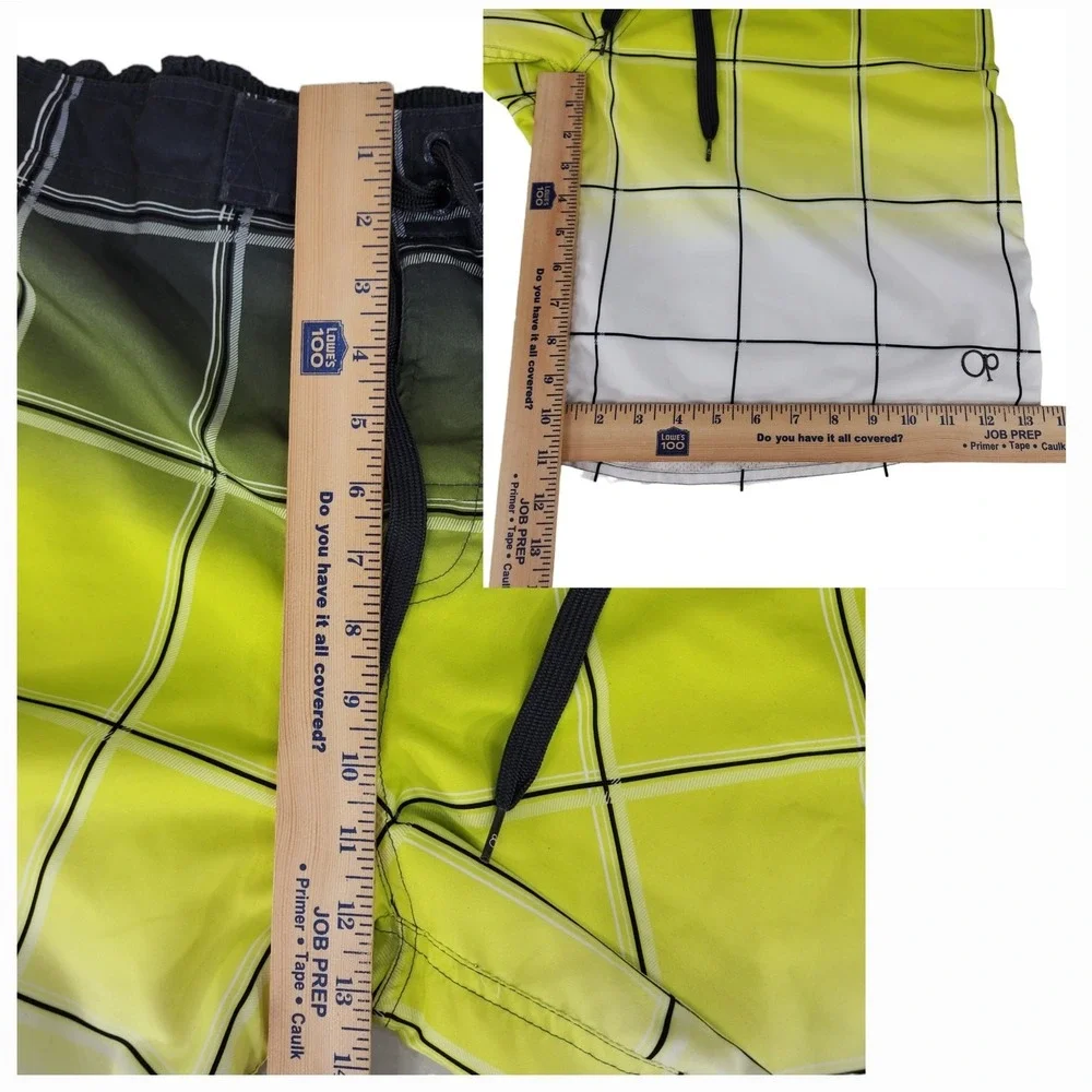 OP Ocean Pacific Board Short L 36-38 Men‎ Windowpane Plaid White Yellow Ombre